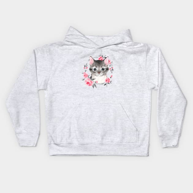 Gray cat with flowers Kids Hoodie by Gribanessa